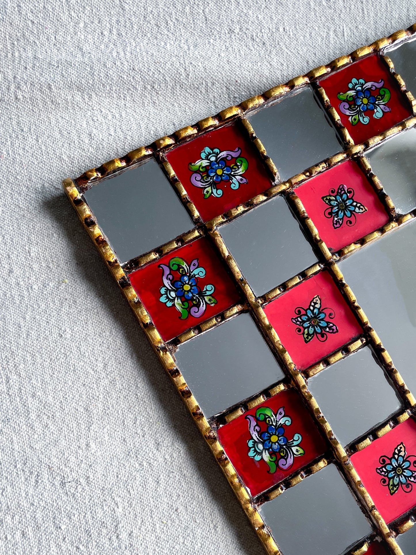 Large Floral Checkered Mirror - Red