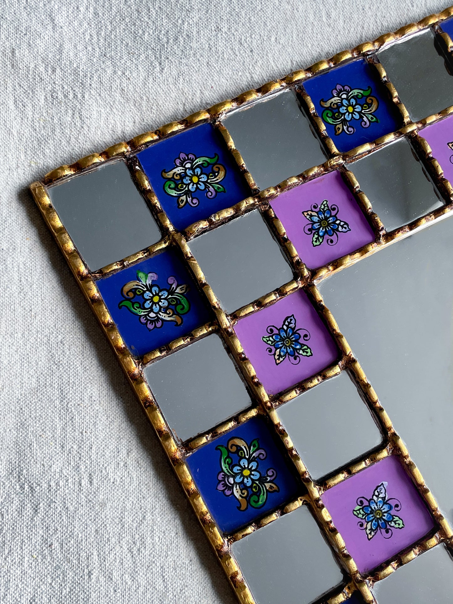 Large Floral Checkered Mirror - Purple