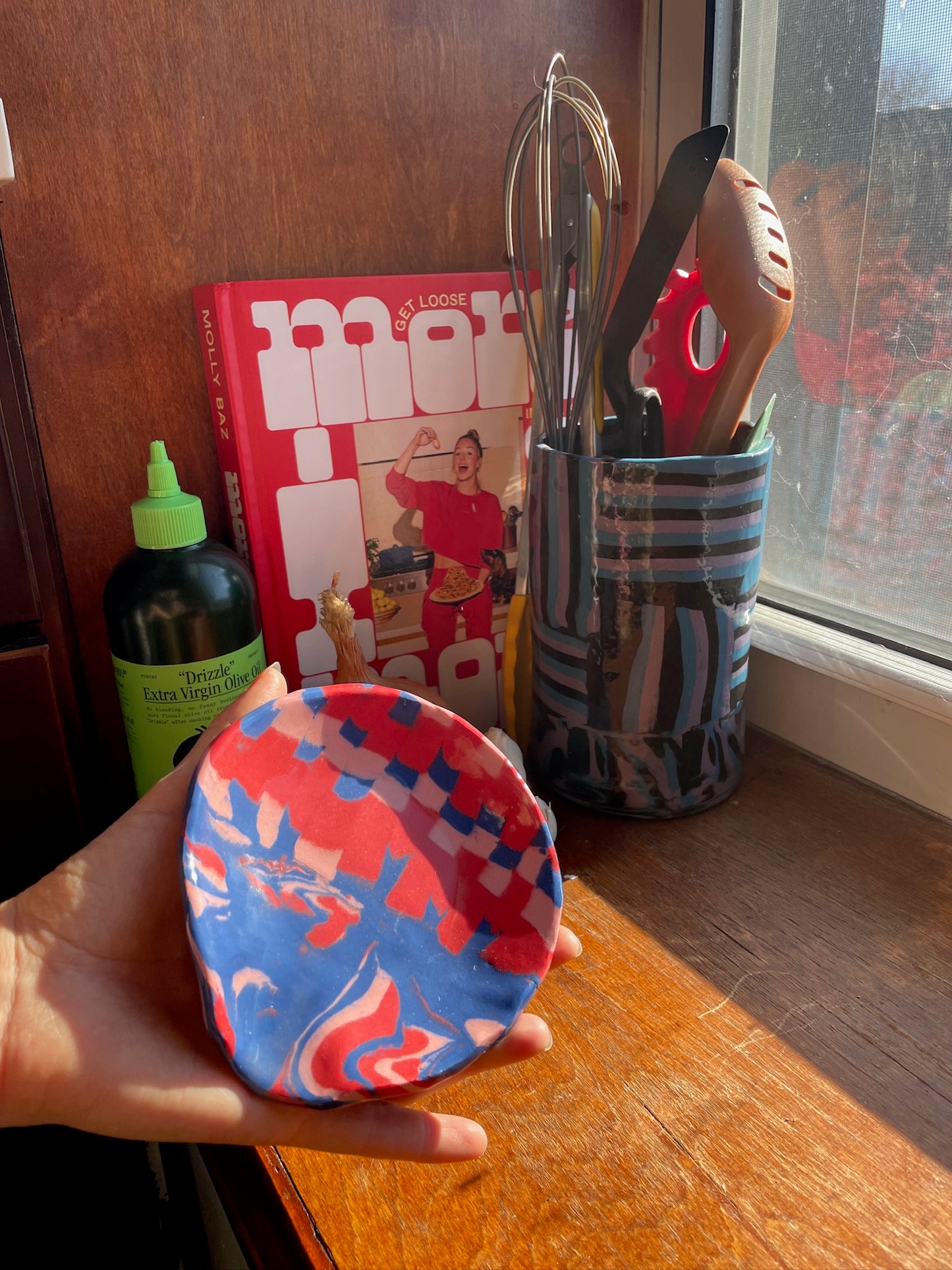 Nerikomi Porcelain Spoon Rest - Pink + Blue + Red