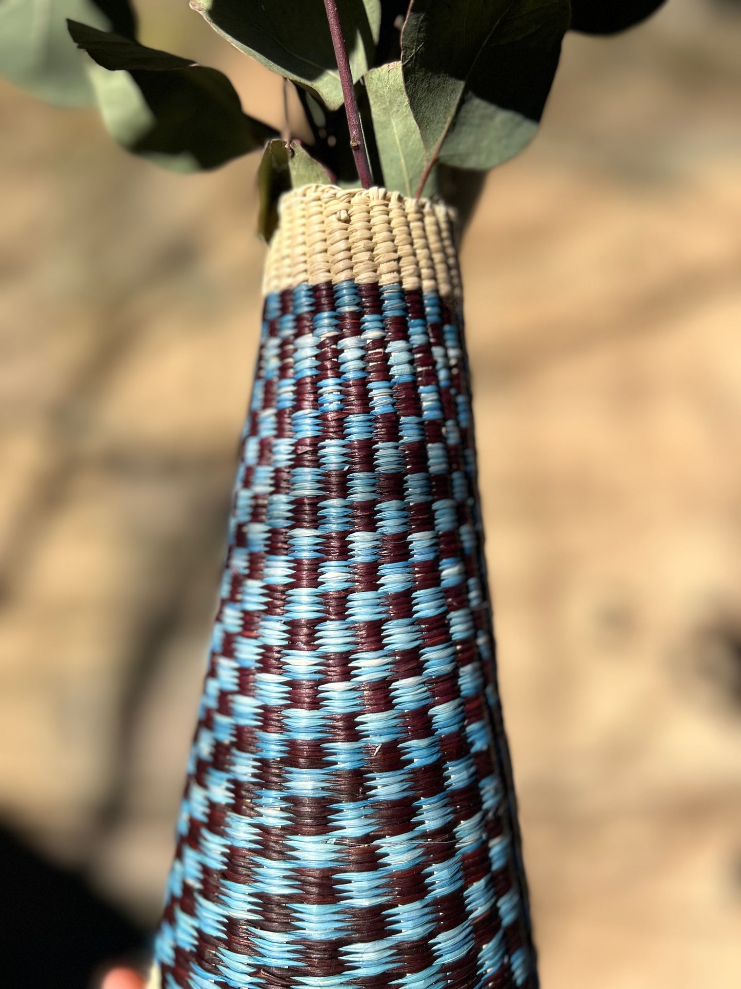 Checkered Straw Vase - blue/brown