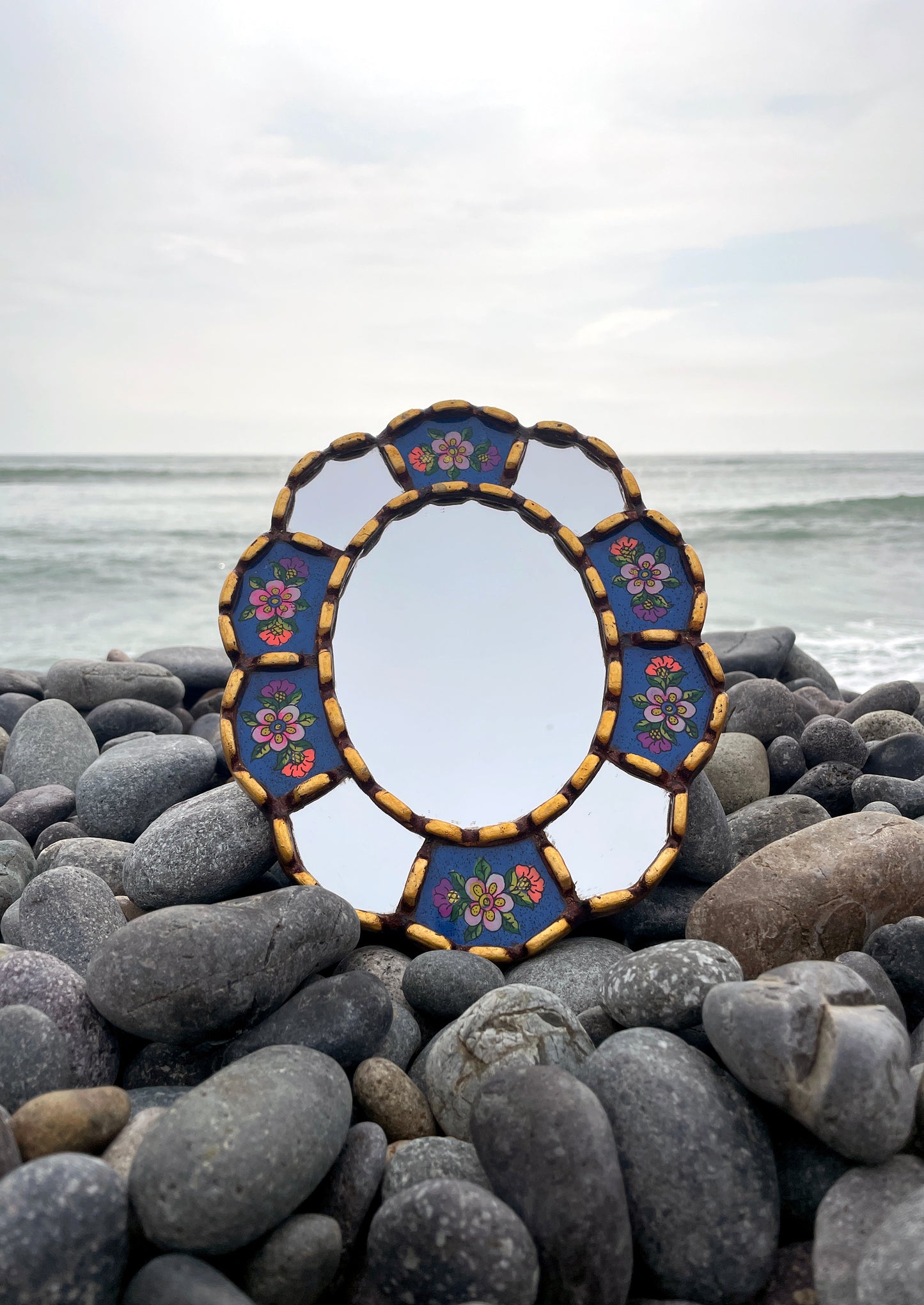 Oval Floral Mirror - Cornflower Blue
