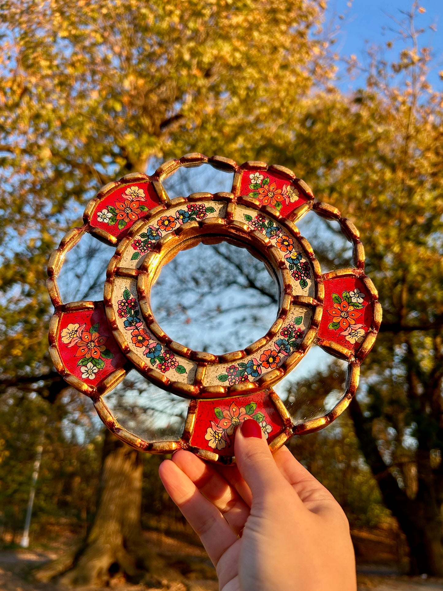 Oval Floral Mirror - Red and Cream Check