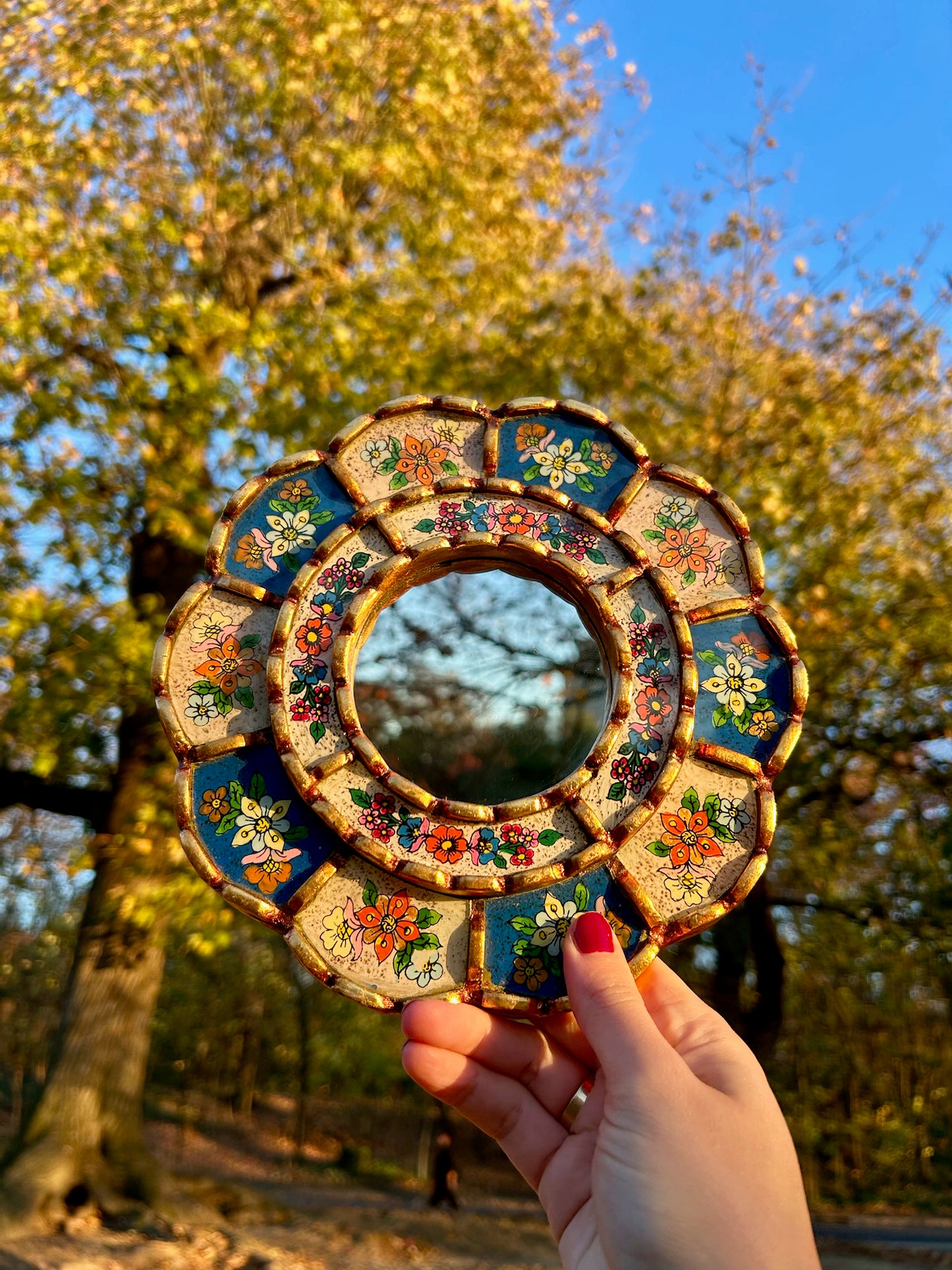 Oval Floral Mirror - Cornflower Blue Check