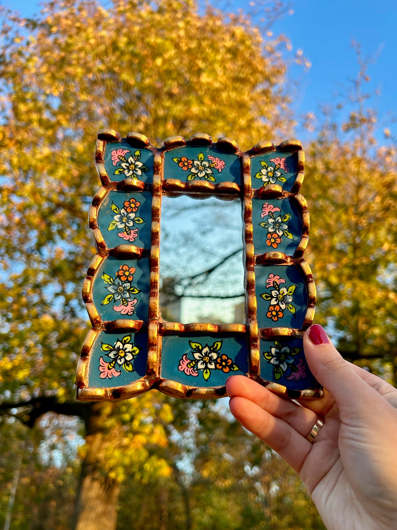 Rectangle Floral Mirror - Denim Blue