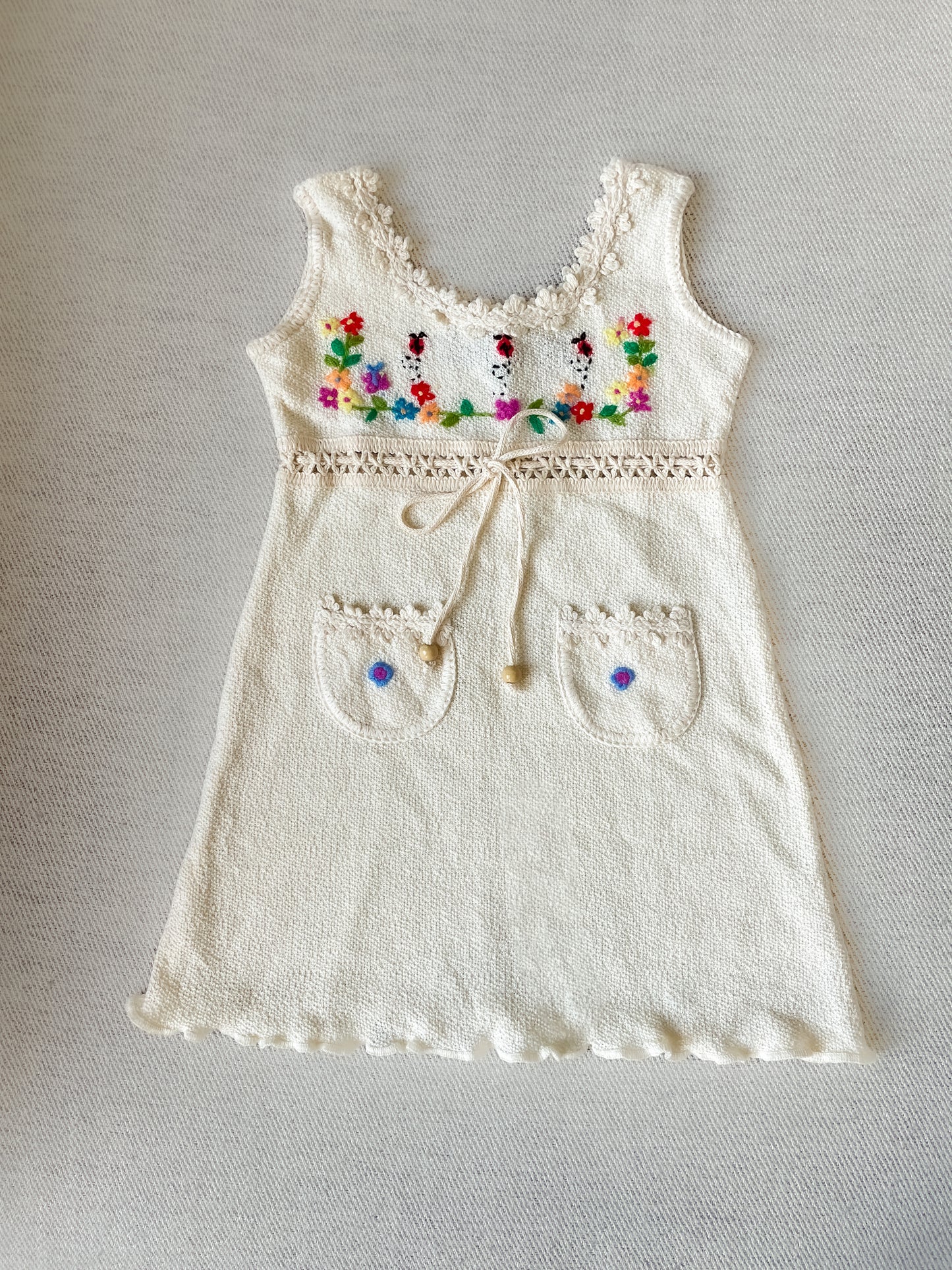 Ladybug Dress with Blue Flower Pockets - 2Y