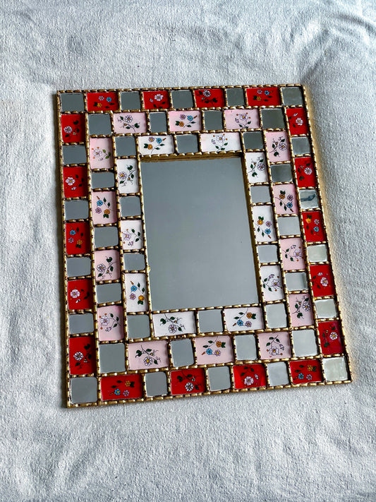 XL Floral Checkered Mirror - Red