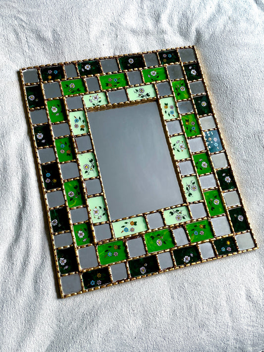 XL Floral Checkered Mirror - Green