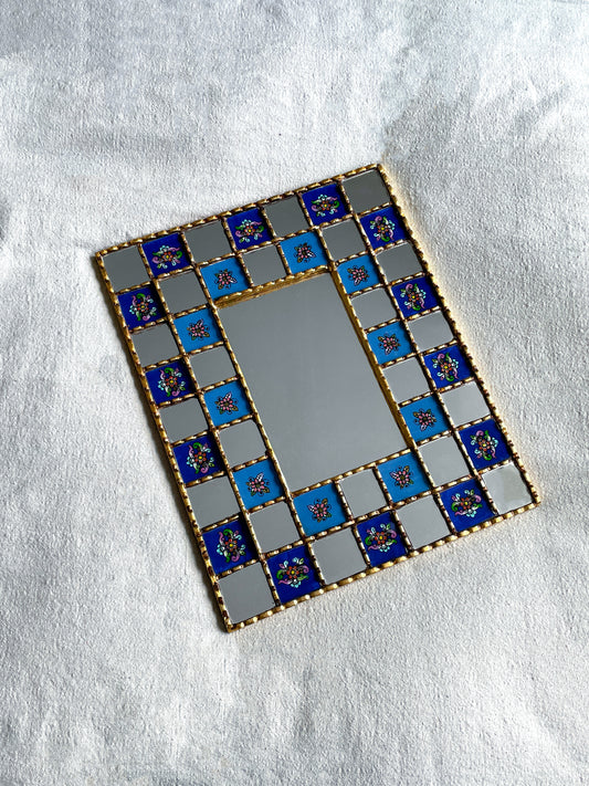 Large Floral Checkered Mirror - Blue