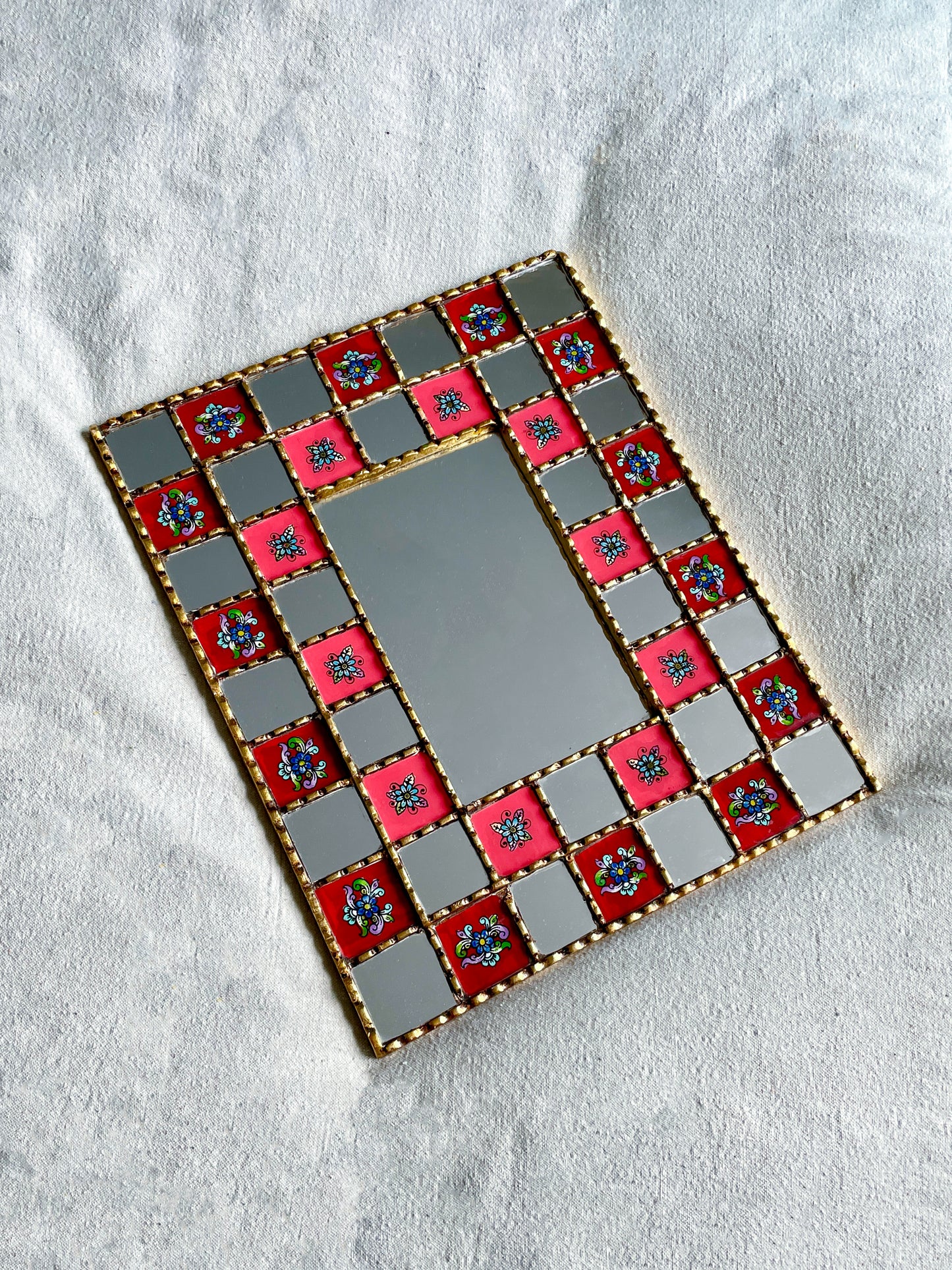 Large Floral Checkered Mirror - Red