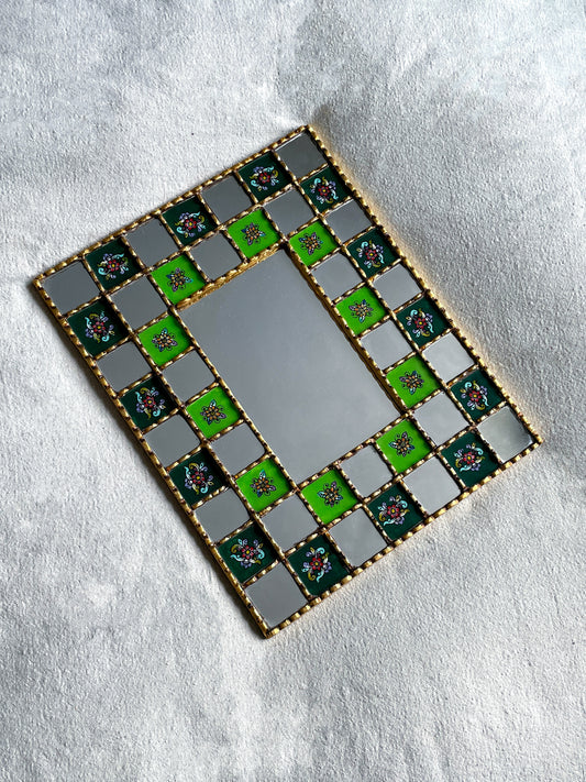 Large Floral Checkered Mirror - Green