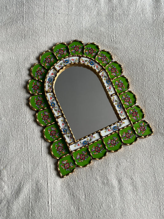 Arched Floral Checkered Mirror - Green