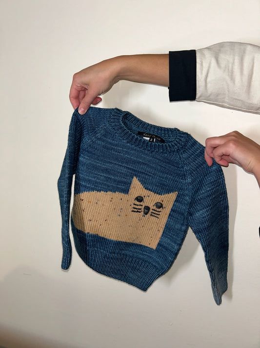 Lounging Cat Sweater - Denim Blue - 2Y